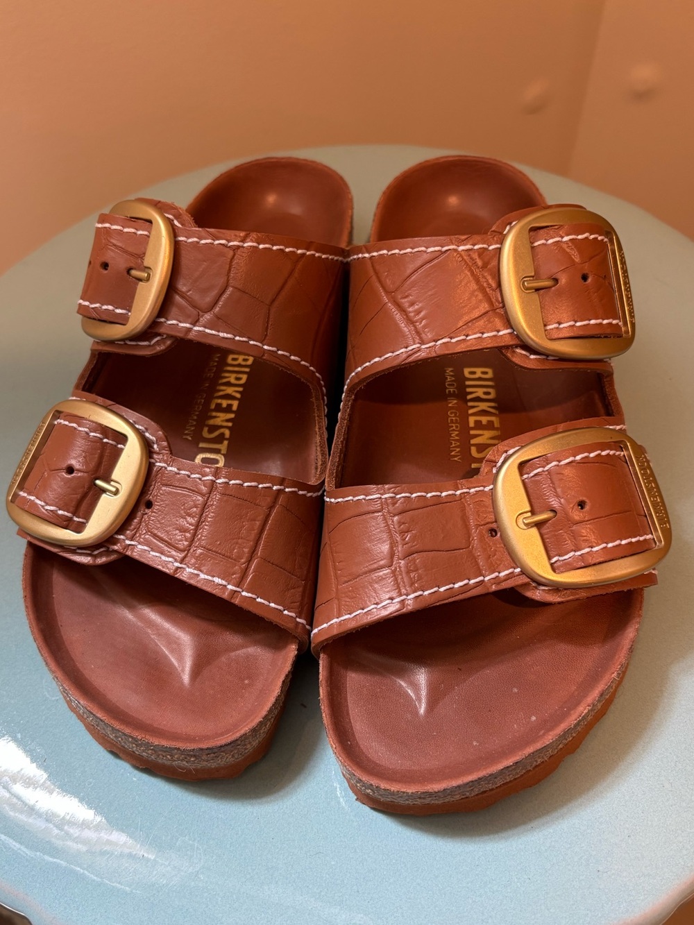 BIRKENSTOCK x STAUD Cognac Brown CROC Double Buckle Slides with Gold Buckles